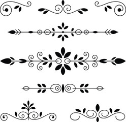 Collection of elegant black floral ornamental dividers and borders on white background