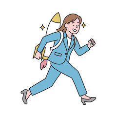 ロケットを背負って走るビジネスウーマン