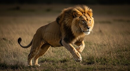 Naklejka premium Majestic male lion in mid-stride across the african savannah with focus and golden mane detail