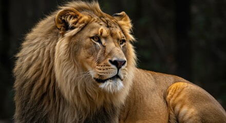 Fototapeta premium Majestic male lion portrait, showcasing regal mane against a dark forest backdrop