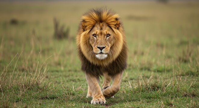 Majestic male lion approaching through the grassy savanna landscape with captivating eyes - Powered by Adobe