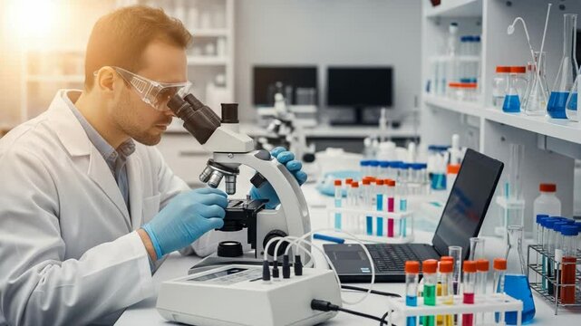 A scientist in a lab coat and safety glasses is using a microscope for research, surrounded by lab equipment and test tubes