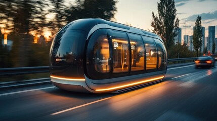 envisioning the future of transportation: a sleek autonomous pod gliding through the urban landscape offering a glimpse into the evolution of personal mobility