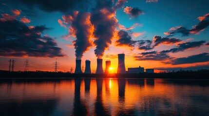 a breathtaking sunset silhouettes a thermal power plant reflecting in the serene water creating a powerful visual metaphor for energy and the environment in harmony