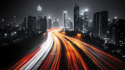 Fototapeta premium illuminated pathways: an exploration of dynamic urban movement with vibrant light trails cascading through a cityscape enveloped in the tranquility of the night, representing progress