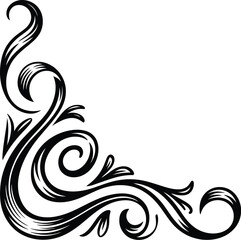 Elegant black vintage corner flourish with swirling vines and leaves