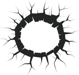 Abstract black circular crack with sharp jagged edges and radiating lines on white background