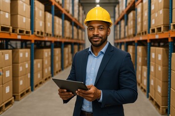 Professional Inventory Manager Using Digital Tablet in Modern Warehouse Facility