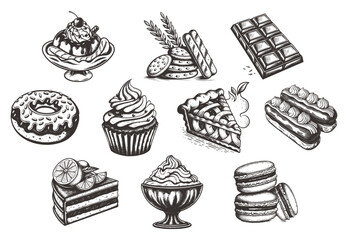 A diverse hand-drawn dessert set—ice cream sundae, chocolate bar, donut, cupcake, pie slice, eclairs, cake, macarons—in vintage engraving style. Ideal for bakery prints, menus, packaging.