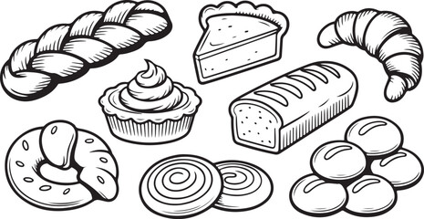 Braided loaf pie slice cupcake croissant rolls and buns baked goods bread