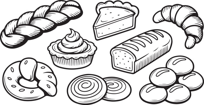 Braided loaf pie slice cupcake croissant rolls and buns baked goods bread
