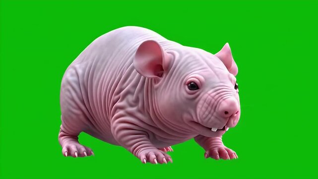 Detailed 3D Render of Pink Naked Mole Rat Isolated on Green Screen Background Demonstrating Unique Features in Wildlife and Anatomy Close Up