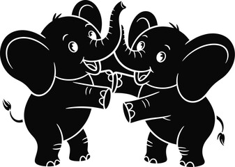 Two happy cartoon elephants dancing together with trunks raised