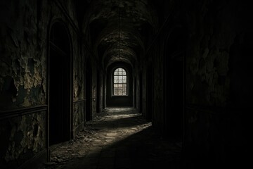 Fototapeta premium Abandoned Victorian Asylum Hallway with Peeling Paint and Atmospheric Lighting