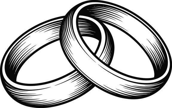 Two interlocking wedding rings in a classic engraved style on a white background