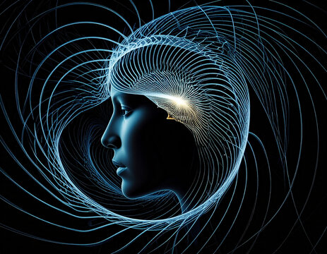 Abstract profile of a human head surrounded by swirling blue lines emanating from the brain, symbolizing thoughts, consciousness, intelligence, and mental processes on a dark background.