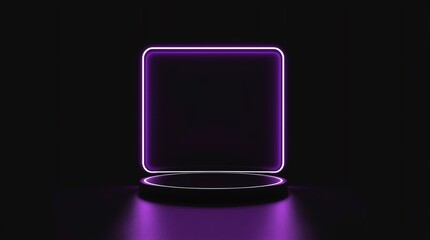 Modern plate pedestal of neon light platform display with luxury stand podium on dark room background. Blank Exhibition or empty product shelf. 3D rendering