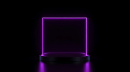 Modern plate pedestal of neon light platform display with luxury stand podium on dark room background. Blank Exhibition or empty product shelf. 3D rendering