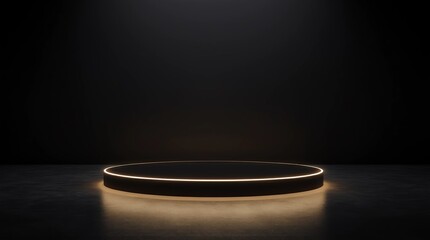 Modern plate pedestal of neon platform display with luxury stand podium on dark room background. Blank Exhibition or empty product shelf. 3D rendering