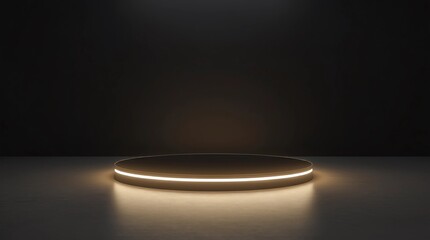 Modern plate pedestal of neon platform display with luxury stand podium on dark room background. Blank Exhibition or empty product shelf. 3D rendering