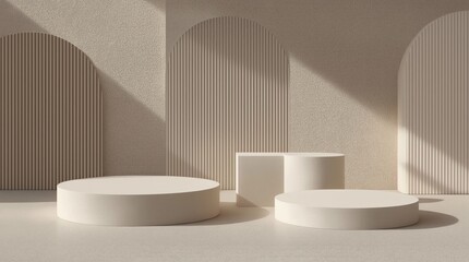 Museum product display stand or podium pedestal on advertising background with blank backdrops. 3D rendering 