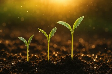 Tender seedling emerging from rich soil with dewdrops glistening in morning sunlight