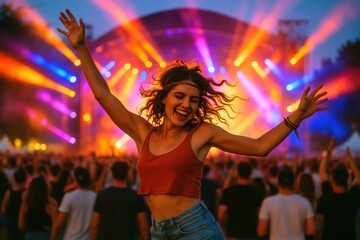 Energetic young woman dancing freely at outdoor summer music festival with vibrant stage lights and crowd