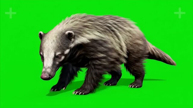 Honey Badger 3D Render Isolated on Green Screen With Detailed Fur Texture And Distinctive Black and White Markings For Wildlife Education and Nature Documentaries Use