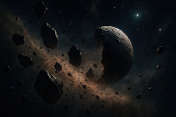 Naklejka premium Asteroid field destruction with cosmic debris scattered across deep space environment