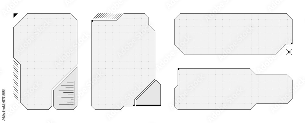 Poster digital sci fi hud set with glowing interface panels, white hologram effects and data graphics. cybe