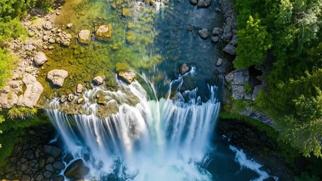 Vista a&eacute;rea de uma cachoeira imponente, capturada por drone. Aerial view of a stunning waterfall captured by drone, clear water, lush greenery. Natural, striking image for advertising.