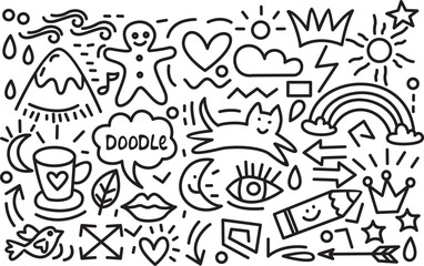 Cute line sketch cat,coffee,star, arrow, cloud decoration element icon set