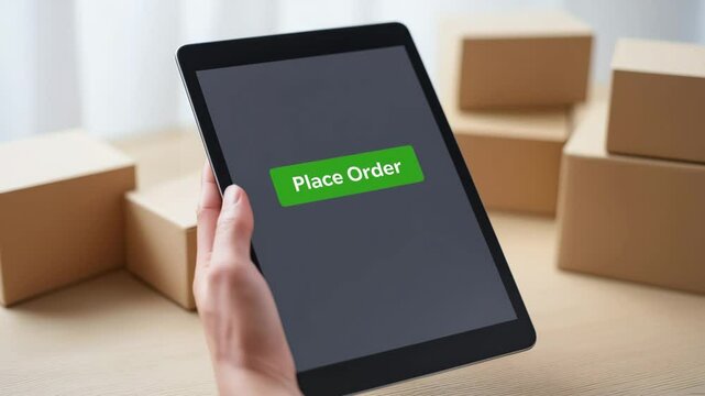 Hand placing order online using digital tablet with green button surrounded by cardboard delivery boxes for eCommerce concept.
