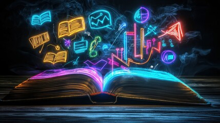 An open book emanating a vibrant neon glow surrounded by various digital icons and symbols representing data analytics learning and technological advancement