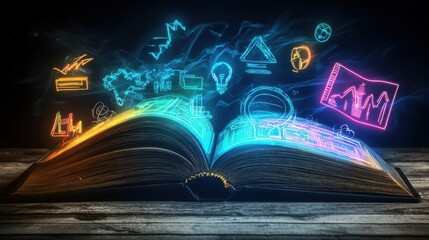 An open book emitting a vibrant glow surrounded by a digital array of symbols and icons representing the boundless potential of knowledge technology and innovative ideas
