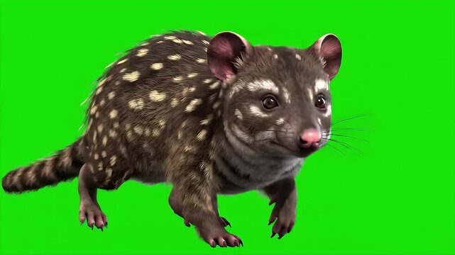 Spotted Quoll Strides Across Green Screen 3D Render Perfect for Chroma Keying and Wildlife Education