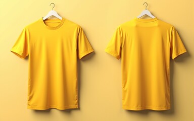 Front and back view of a blank mustard yellow t-shirt mockup. High quality