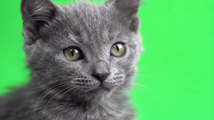 Gray Kitten with Bright Eyes Sitting Against Green Screen For Chroma Key Isolation