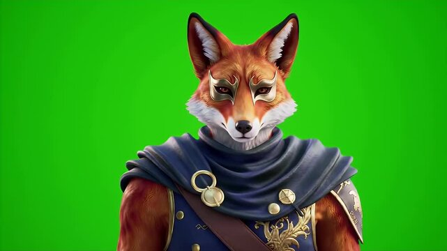 3D Render of Fox Zorro Character with Detailed Costume Isolated on Green Screen Chroma Key for Visual Effects Compositing and Motion Graphics Perfect for Creative Projects