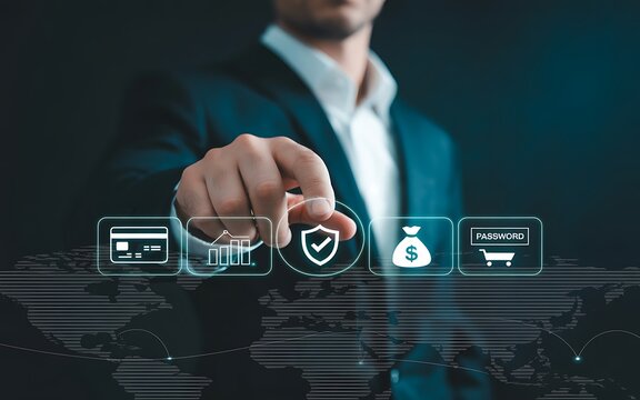 Businessman touching digital interface with financial and security icons