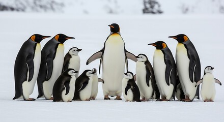 Fototapeta premium Majestic king penguins stand proudly in bright Antarctic light. AI Generated