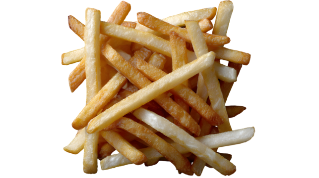 A neat pile of slender French fries is displayed against a white background. 