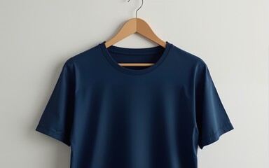 Navy blue t-shirt on wooden hanger. High quality