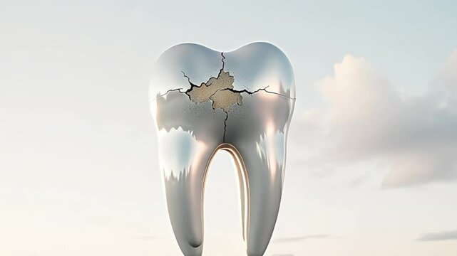 Cracked silver tooth against sky background symbolizes dental problems