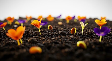 Vibrant wildflowers sprout playfully in rich dark soil bathed in soft light. AI Generated