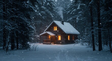 Cozy cabin glows warmly in snowy forest night. AI Generated