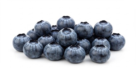 Plump juicy blueberries gleam brightly against a stark white background. AI Generated
