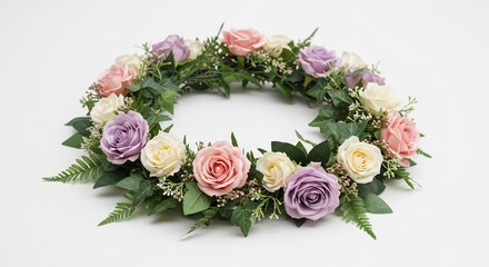 Pastel roses softly arranged in a delicate floral wreath. AI Generated