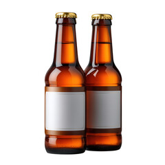 Two brown glass beer bottles with blank labels isolated on transparent background, ready for branding