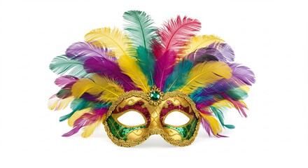 Vibrant gold mask playfully adorned with colorful feathers boasts a festive carnival aesthetic. AI Generated